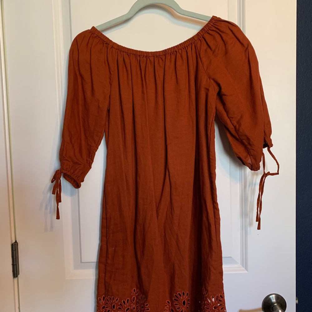 Burnt orange jcrew off the shoulder linen dress